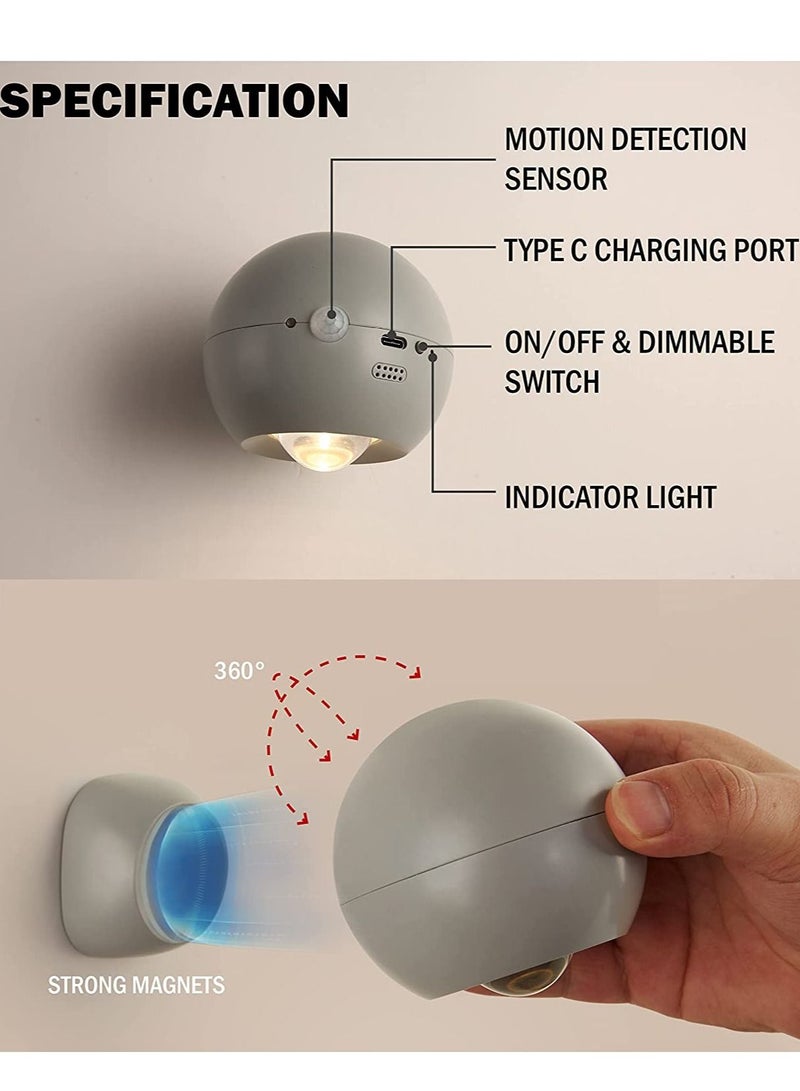 NIBEMINENT Night Light Motion Sensor Led Wall Sconce Portable Lamps with Battery Operated 3 Brightness 360° Magnetic Ball USB Charging for Living Room Bedroom Hallway Home Decor - Image 3