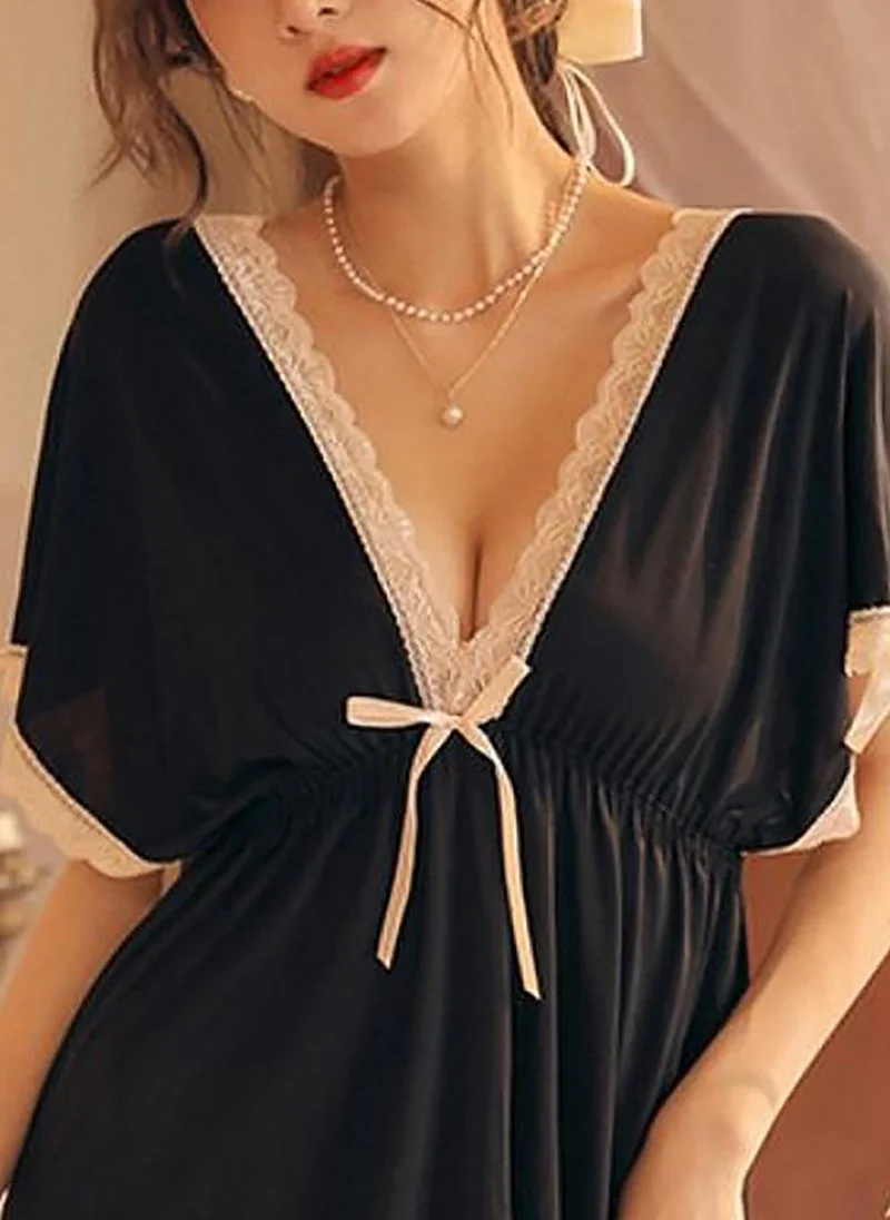 يونيكي Black Solid Short Sleeve Babydoll With Brifes