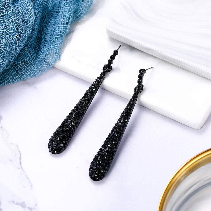 BriLove Wedding Bridal Elegant Crystal Beaded Teardrop Long Dangle Earrings for Women Black Black-Tone - Image 5