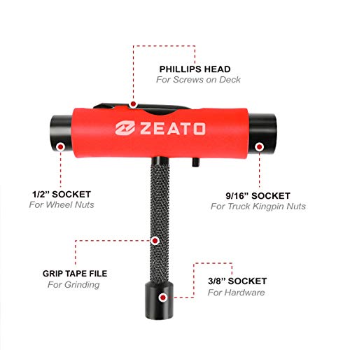 Zeato [Upgrade Version] All-In-One Skate Tools Multi-function Portable Skateboard T Tool Accessory with T-type Allen Key and L-type Phillips Head Wrench Screwdriver - Red - Image 2