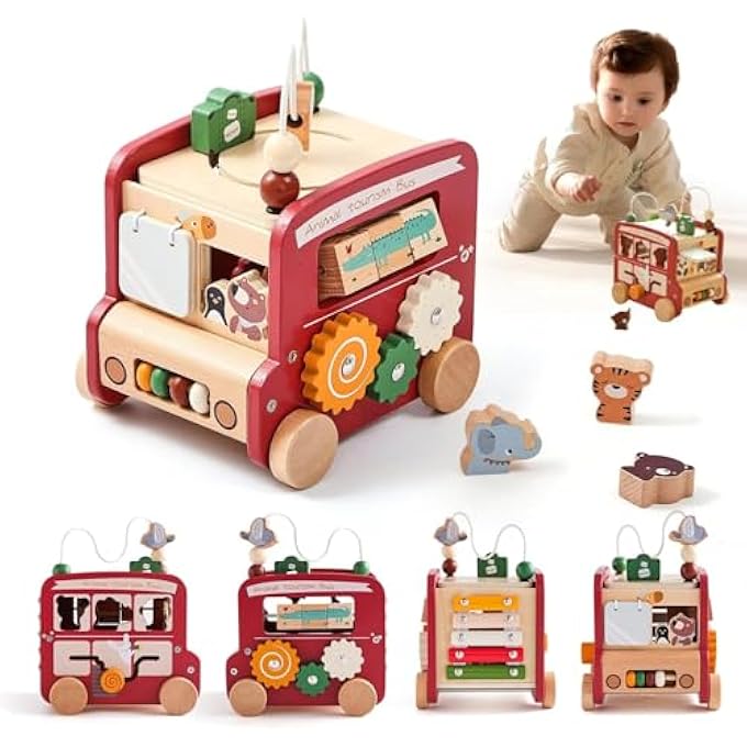 AM ANNA Wooden Activity Cube, 8-in-1Montessori Multifunctional Early Educational Learning Toys,Activity Cube for Baby Shape Sorter, Animal Travel Bus Toys Boy Girl Birthday Gift - Image 1