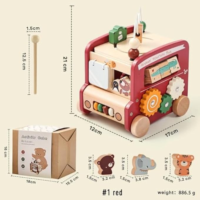 AM ANNA Wooden Activity Cube, 8-in-1Montessori Multifunctional Early Educational Learning Toys,Activity Cube for Baby Shape Sorter, Animal Travel Bus Toys Boy Girl Birthday Gift - Image 2