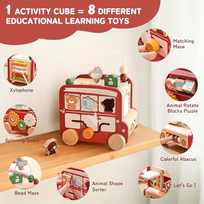 AM ANNA Wooden Activity Cube, 8-in-1Montessori Multifunctional Early Educational Learning Toys,Activity Cube for Baby Shape Sorter, Animal Travel Bus Toys Boy Girl Birthday Gift - Image 3