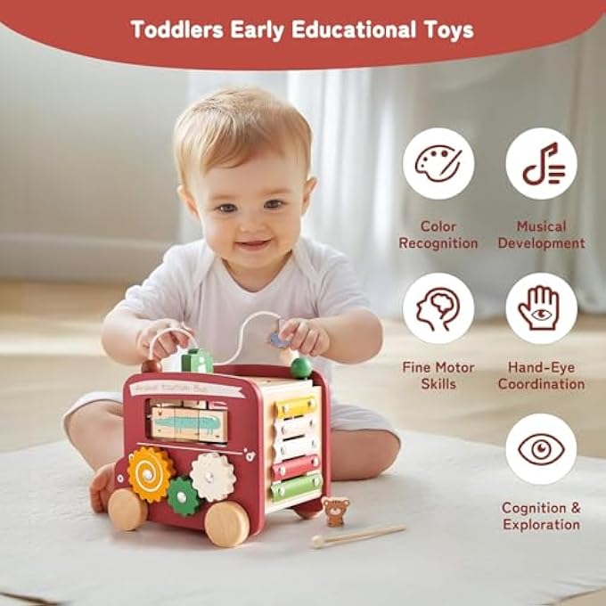 AM ANNA Wooden Activity Cube, 8-in-1Montessori Multifunctional Early Educational Learning Toys,Activity Cube for Baby Shape Sorter, Animal Travel Bus Toys Boy Girl Birthday Gift - Image 4