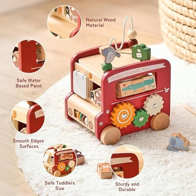 AM ANNA Wooden Activity Cube, 8-in-1Montessori Multifunctional Early Educational Learning Toys,Activity Cube for Baby Shape Sorter, Animal Travel Bus Toys Boy Girl Birthday Gift - Image 5