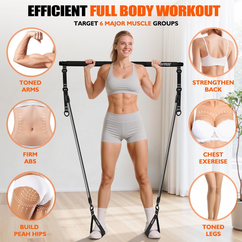 KUTIZE Pilates Bar Kit with Resistance Bands, 3-Section Multifunctional Pilates Equipment with Metal Adjustment Buckle, Portable Home Gym Yoga Pilates Resistance Bar for Women & Men Full Body Workouts - Image 2