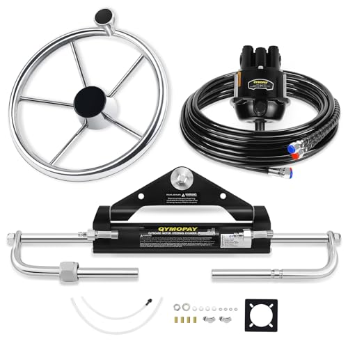 QYMOPAY 150HP Hydraulic Outboard Steering Kit, Marine Hydraulic Steering System with Bi-Directional Locking Cylinders and 24 ft High Strength Nylon Hose, Single Station, Single Engine Use - Image 1