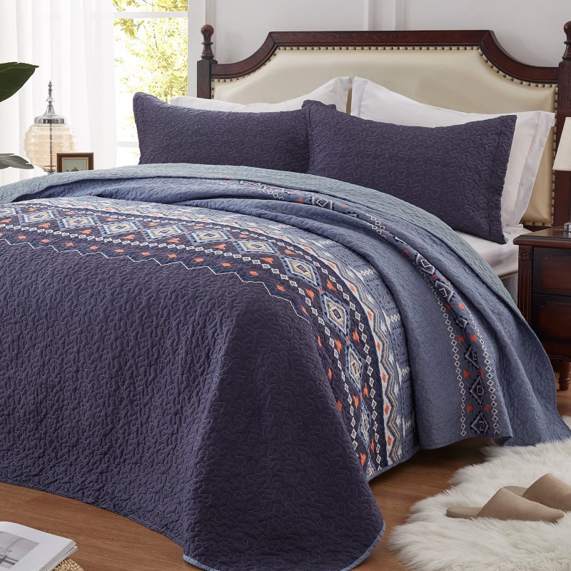 LEAONME Quilt Set King Size Bedspread 3 Piece Coverlet Lightweight Comforter Microfiber Bedding Set All Season Oversized 98x106 Inch Bed Cover Bohemian Patchwork Navy Blue(1 Quilt, 2 Pillow Shams) - Image 1