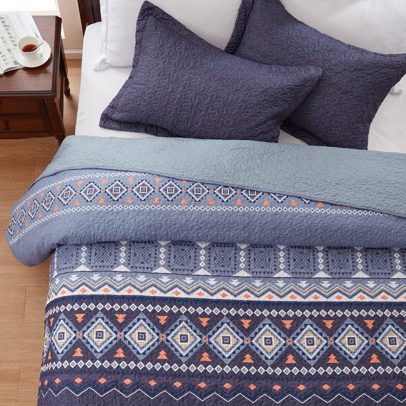 LEAONME Quilt Set King Size Bedspread 3 Piece Coverlet Lightweight Comforter Microfiber Bedding Set All Season Oversized 98x106 Inch Bed Cover Bohemian Patchwork Navy Blue(1 Quilt, 2 Pillow Shams) - Image 5