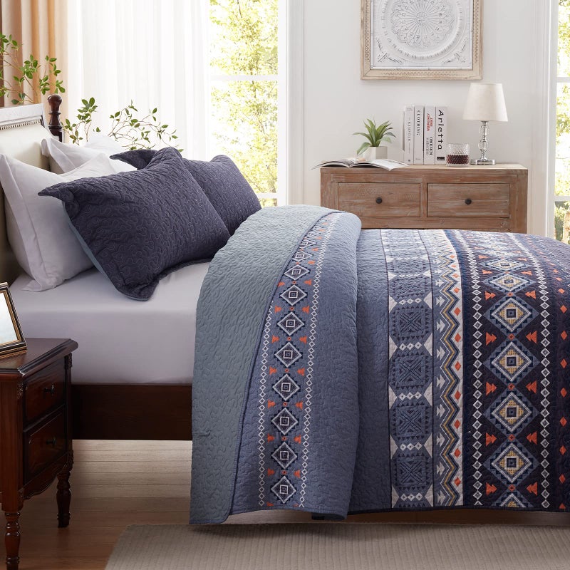 LEAONME Quilt Set King Size Bedspread 3 Piece Coverlet Lightweight Comforter Microfiber Bedding Set All Season Oversized 98x106 Inch Bed Cover Bohemian Patchwork Navy Blue(1 Quilt, 2 Pillow Shams) - Image 3
