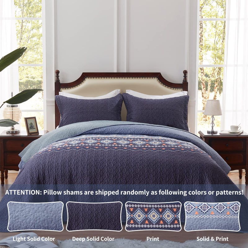 LEAONME Quilt Set King Size Bedspread 3 Piece Coverlet Lightweight Comforter Microfiber Bedding Set All Season Oversized 98x106 Inch Bed Cover Bohemian Patchwork Navy Blue(1 Quilt, 2 Pillow Shams) - Image 2