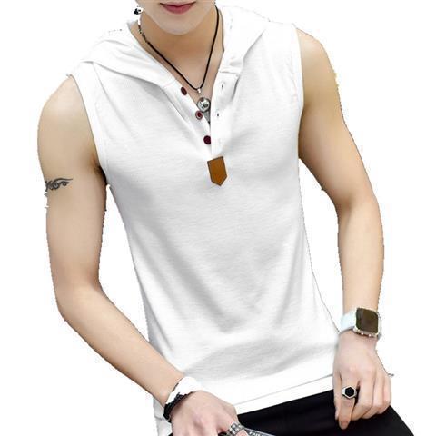 Summer Hooded Sleeveless Vest Waistcoat Korean Style Slim Fit Fitness Sports Casual Mens Short-sleeved T-shirt T-shirt V-neck Trendy white hooded 99181