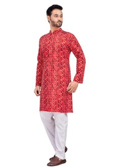 Studio Shringaar Studio Shringaar Men's Red Bandhni Print Knee Length Relax Fit Kurta (Red, Large)  - Image 3
