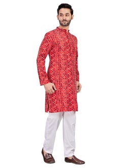 Studio Shringaar Studio Shringaar Men's Red Bandhni Print Knee Length Relax Fit Kurta (Red, Large)  - Image 4