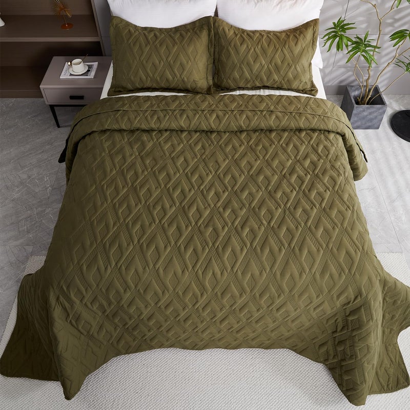 Cmfshape Queen Quilt Bedding Set,3 Pieces 92"x96" Diamond Embroidery Quilt Set,Lightweight Soft Quilt Set for All Seasons,Soft Bedspread Reversible Coverlet(Army Green,92"x96") - Image 4