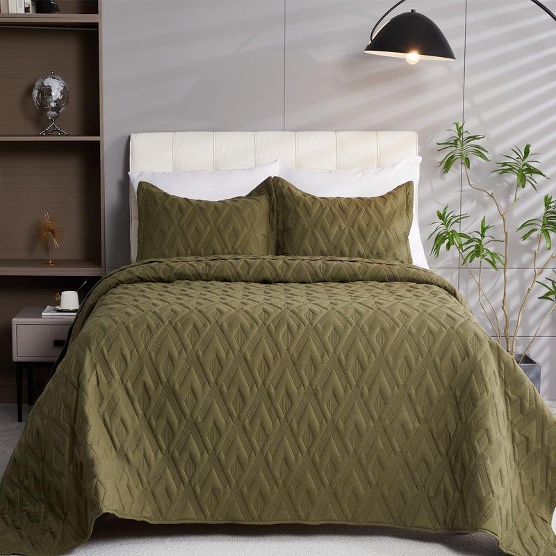 Cmfshape Queen Quilt Bedding Set,3 Pieces 92"x96" Diamond Embroidery Quilt Set,Lightweight Soft Quilt Set for All Seasons,Soft Bedspread Reversible Coverlet(Army Green,92"x96") - Image 2