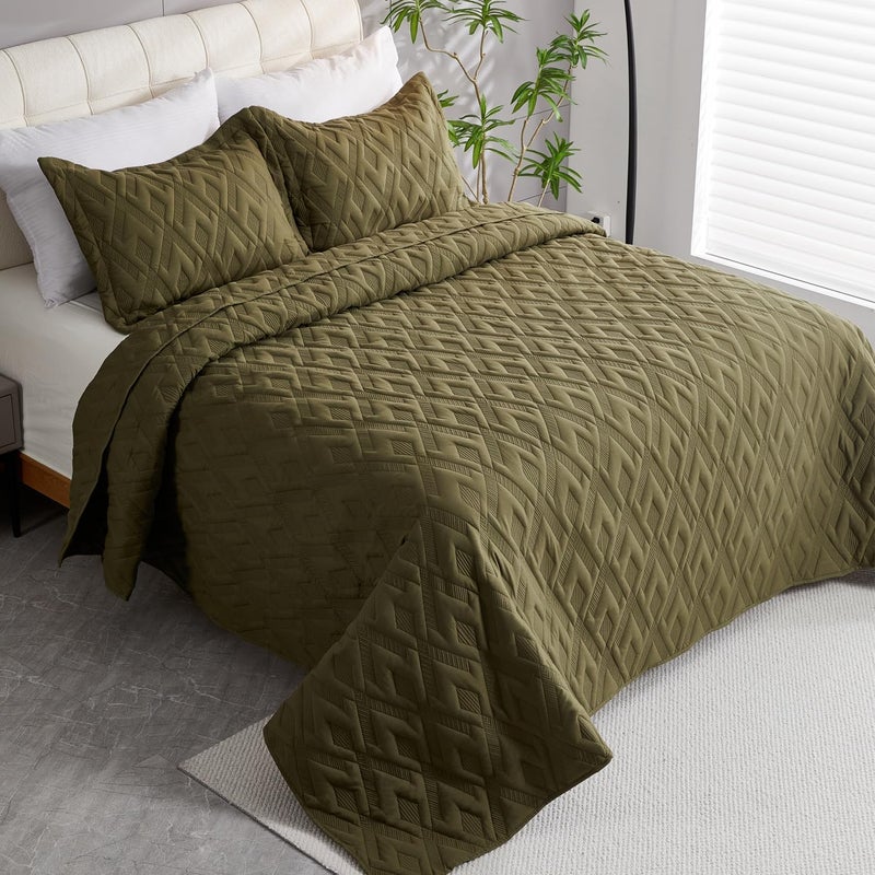 Cmfshape Queen Quilt Bedding Set,3 Pieces 92"x96" Diamond Embroidery Quilt Set,Lightweight Soft Quilt Set for All Seasons,Soft Bedspread Reversible Coverlet(Army Green,92"x96") - Image 3
