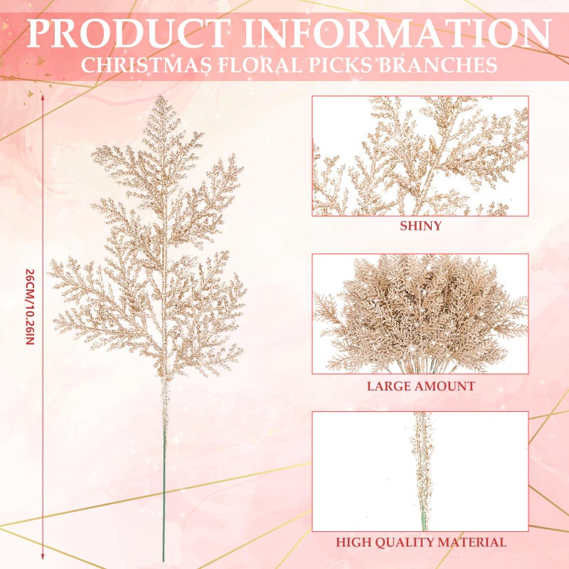 Cindeer 100 Pcs Christmas Tree Picks Sprays 10.24 Inch Glitter Artificial Pine Leaves Cedar stem Faux Pine Needles Greenery Cedar Branches Ornament for Home Garland Wreath Winter Decor(Champagne Gold) - Image 2