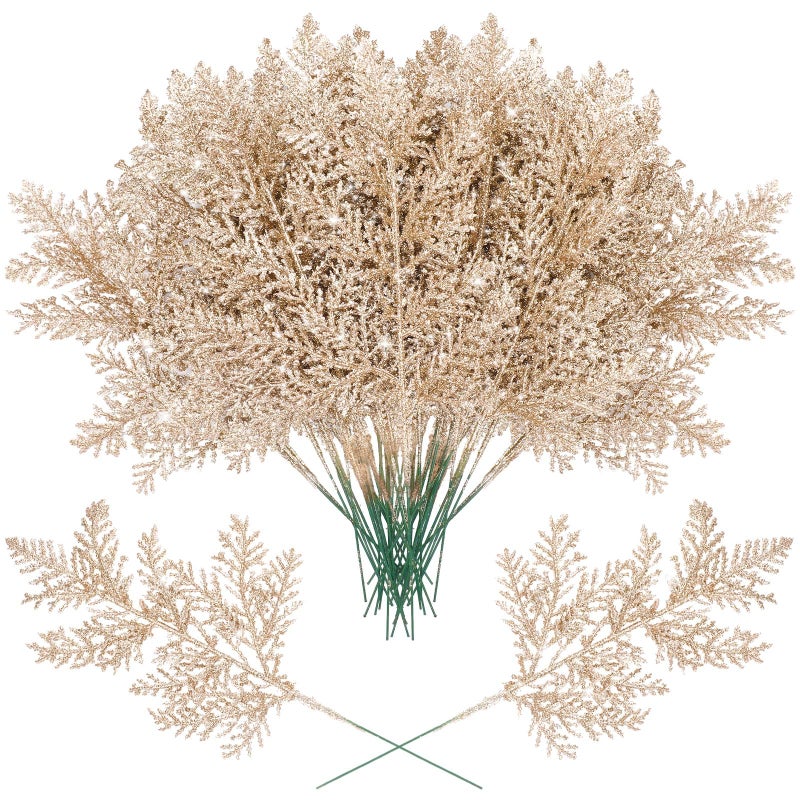 Cindeer 100 Pcs Christmas Tree Picks Sprays 10.24 Inch Glitter Artificial Pine Leaves Cedar stem Faux Pine Needles Greenery Cedar Branches Ornament for Home Garland Wreath Winter Decor(Champagne Gold) - Image 1