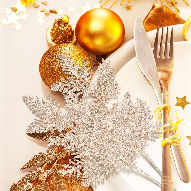Cindeer 100 Pcs Christmas Tree Picks Sprays 10.24 Inch Glitter Artificial Pine Leaves Cedar stem Faux Pine Needles Greenery Cedar Branches Ornament for Home Garland Wreath Winter Decor(Champagne Gold) - Image 4