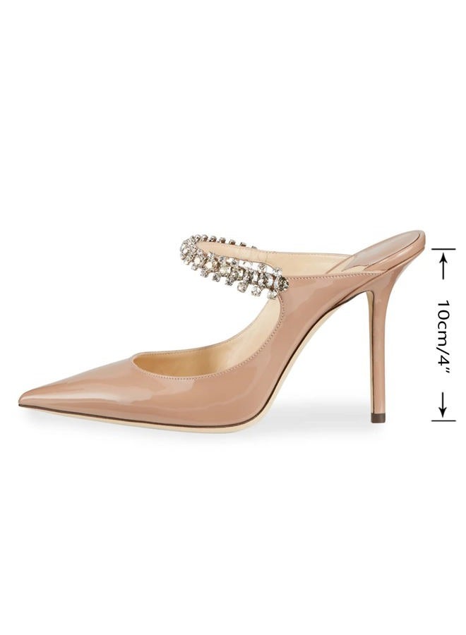 MIRAAZZURRA Women Heeled Mules Rhinestone Strappy Pointed Toe Mules Stiletto High Heels Slip On Bridal Sandals for Women, Nude 10cm, 9.5 - Image 4