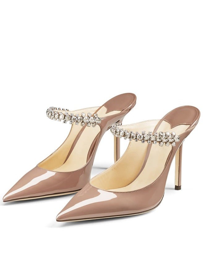 MIRAAZZURRA Women Heeled Mules Rhinestone Strappy Pointed Toe Mules Stiletto High Heels Slip On Bridal Sandals for Women, Nude 10cm, 9.5 - Image 2