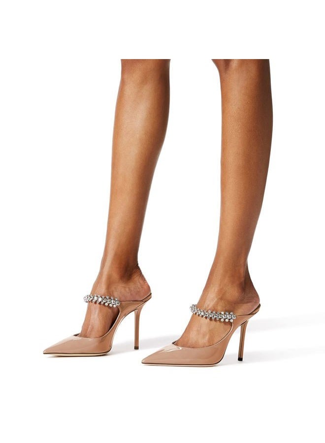 MIRAAZZURRA Women Heeled Mules Rhinestone Strappy Pointed Toe Mules Stiletto High Heels Slip On Bridal Sandals for Women, Nude 10cm, 9.5 - Image 3