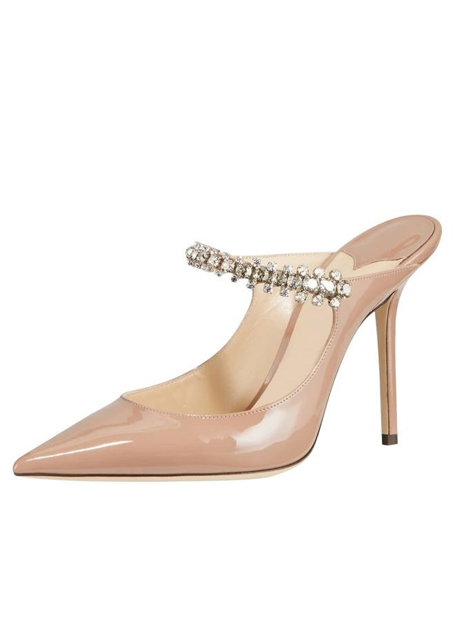 MIRAAZZURRA Women Heeled Mules Rhinestone Strappy Pointed Toe Mules Stiletto High Heels Slip On Bridal Sandals for Women, Nude 10cm, 9.5 - Image 1