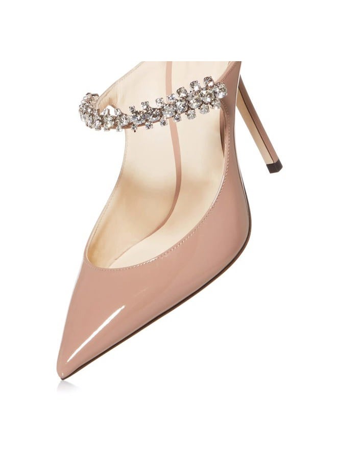 MIRAAZZURRA Women Heeled Mules Rhinestone Strappy Pointed Toe Mules Stiletto High Heels Slip On Bridal Sandals for Women, Nude 10cm, 9.5 - Image 5