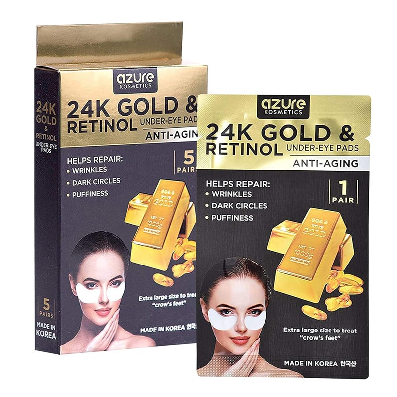 Azure Cosmetics 24K Gold  Retinol Anti Aging Under Eye Patches  Firming Restoring  Deeply Hydrating Eye Mask  Reduces Fine Lines Wrinkles Dark Circles  Puffiness  Made in Korea 5 Pairs