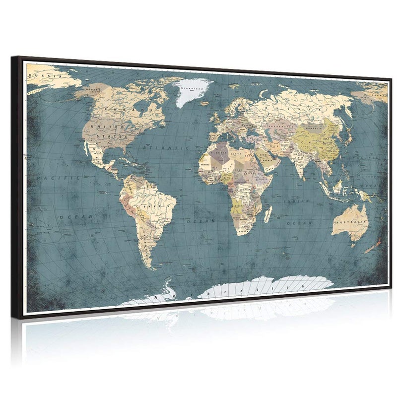 Welmeco Welmeco Large Office Wall Decoration Retro Detailed World Map Canvas Prints with Premium Black Frame Vintage Push Pins Travel Map of The World Picture Artwork for Modern Home Office Living Room Decor