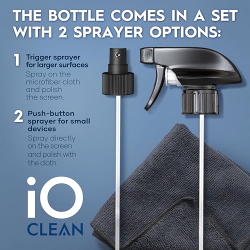iO CLEAN Screen Cleaner Spray (16oz + mini Cleaner) – Best Large Cleaning Kit for LCD LED OLED TV, Smartphone, iPad, Laptop, Touchscreen, Computer Monitor, Electronic Devices, Microfiber Cloth and 2 Nozzles - Image 4