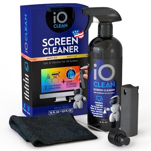 iO CLEAN Screen Cleaner Spray (16oz + mini Cleaner) – Best Large Cleaning Kit for LCD LED OLED TV, Smartphone, iPad, Laptop, Touchscreen, Computer Monitor, Electronic Devices, Microfiber Cloth and 2 Nozzles - Image 1