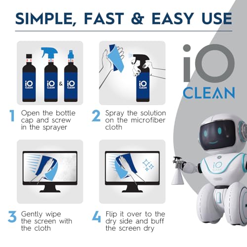 iO CLEAN Screen Cleaner Spray (16oz + mini Cleaner) – Best Large Cleaning Kit for LCD LED OLED TV, Smartphone, iPad, Laptop, Touchscreen, Computer Monitor, Electronic Devices, Microfiber Cloth and 2 Nozzles - Image 5