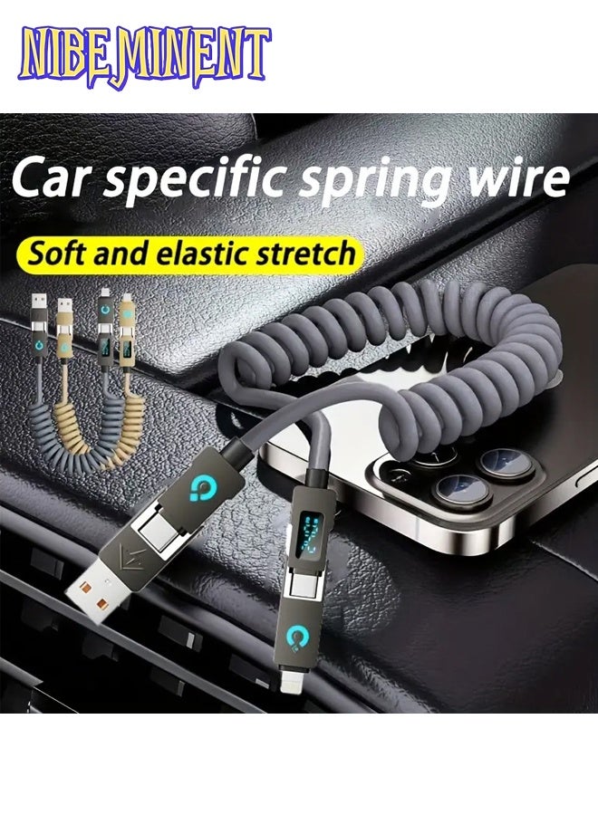 NIBEMINENT 240W 4-in-1 USB-C Charging Cable with Digital Display - Soft & Elastic Spring Wire, Fast Charging for iPhone, Xiaomi, Huawei & More - Multi-Port, High-Speed Data Transfer, Car Mountable, Car Charging Cable | Flexible Charging Cable | Durable Charging Cable（Grey） - Image 3