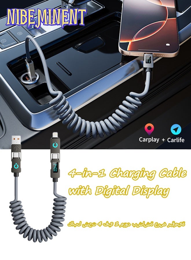 NIBEMINENT 240W 4-in-1 USB-C Charging Cable with Digital Display - Soft & Elastic Spring Wire, Fast Charging for iPhone, Xiaomi, Huawei & More - Multi-Port, High-Speed Data Transfer, Car Mountable, Car Charging Cable | Flexible Charging Cable | Durable Charging Cable（Grey） - Image 1