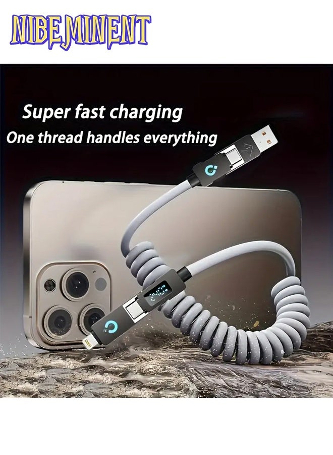 NIBEMINENT 240W 4-in-1 USB-C Charging Cable with Digital Display - Soft & Elastic Spring Wire, Fast Charging for iPhone, Xiaomi, Huawei & More - Multi-Port, High-Speed Data Transfer, Car Mountable, Car Charging Cable | Flexible Charging Cable | Durable Charging Cable（Grey） - Image 4