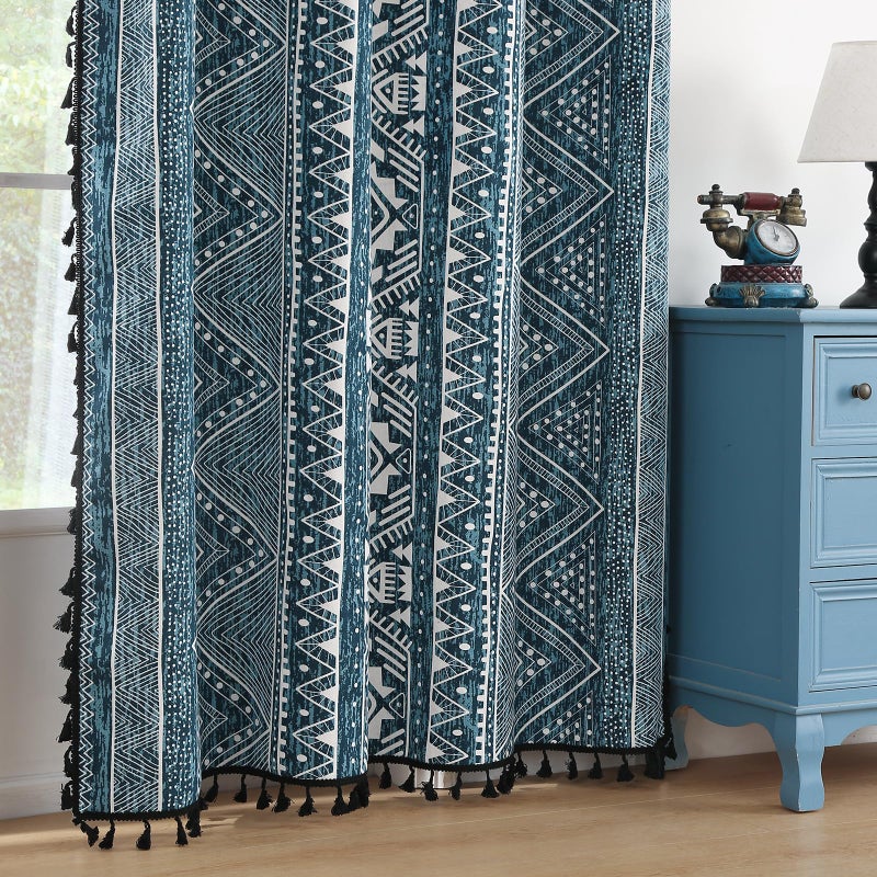 ColorBird Colorbirtd 100% Blackout Boho Curtains 84 Inches Heat Blocking Thermal Curtains for Summer Heat for Bedroom Living Room Blue Western Geometric Aztec Southwest Black Out Patterned Curtain Darpes - Image 2