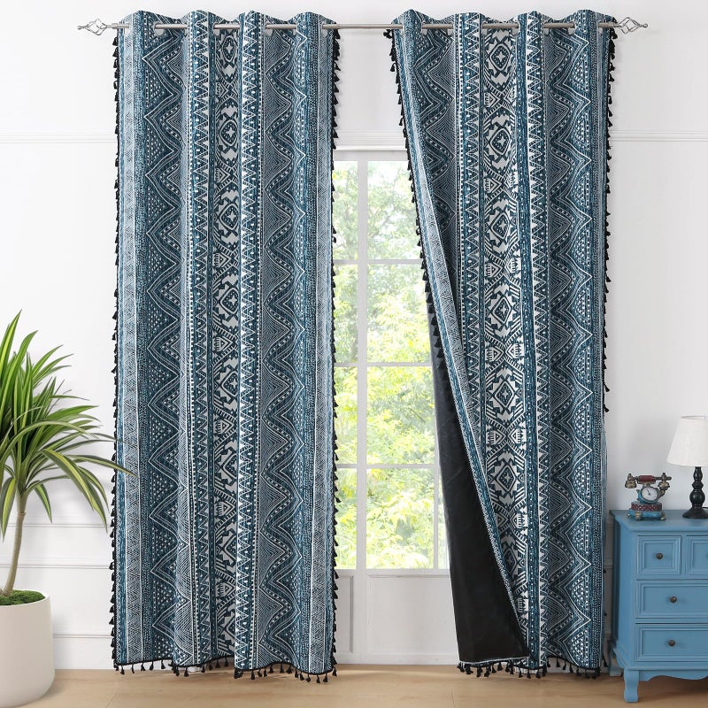 ColorBird Colorbirtd 100% Blackout Boho Curtains 84 Inches Heat Blocking Thermal Curtains for Summer Heat for Bedroom Living Room Blue Western Geometric Aztec Southwest Black Out Patterned Curtain Darpes - Image 1