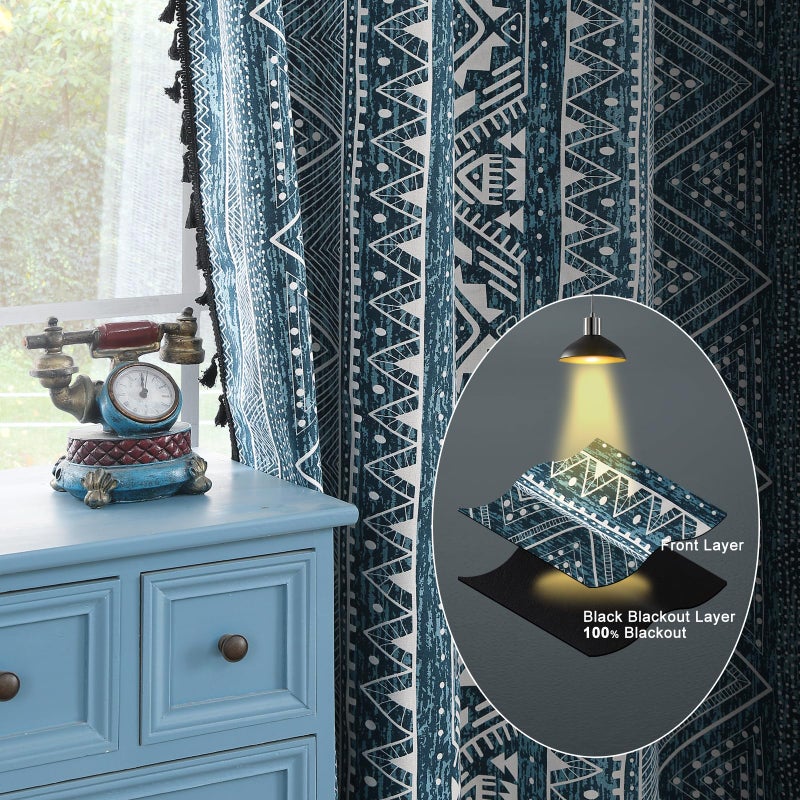 ColorBird Colorbirtd 100% Blackout Boho Curtains 84 Inches Heat Blocking Thermal Curtains for Summer Heat for Bedroom Living Room Blue Western Geometric Aztec Southwest Black Out Patterned Curtain Darpes - Image 5