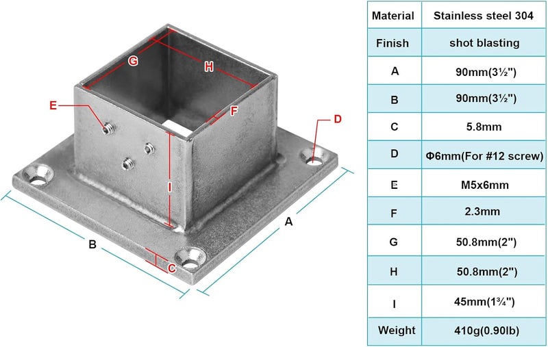 eoere 4 PCS 2" Square Post Flange Base, 304 Stainless Steel Deck Rail Systems for Floor Fence or Deck Mount 2" x 2" Post Fittings - Image 2