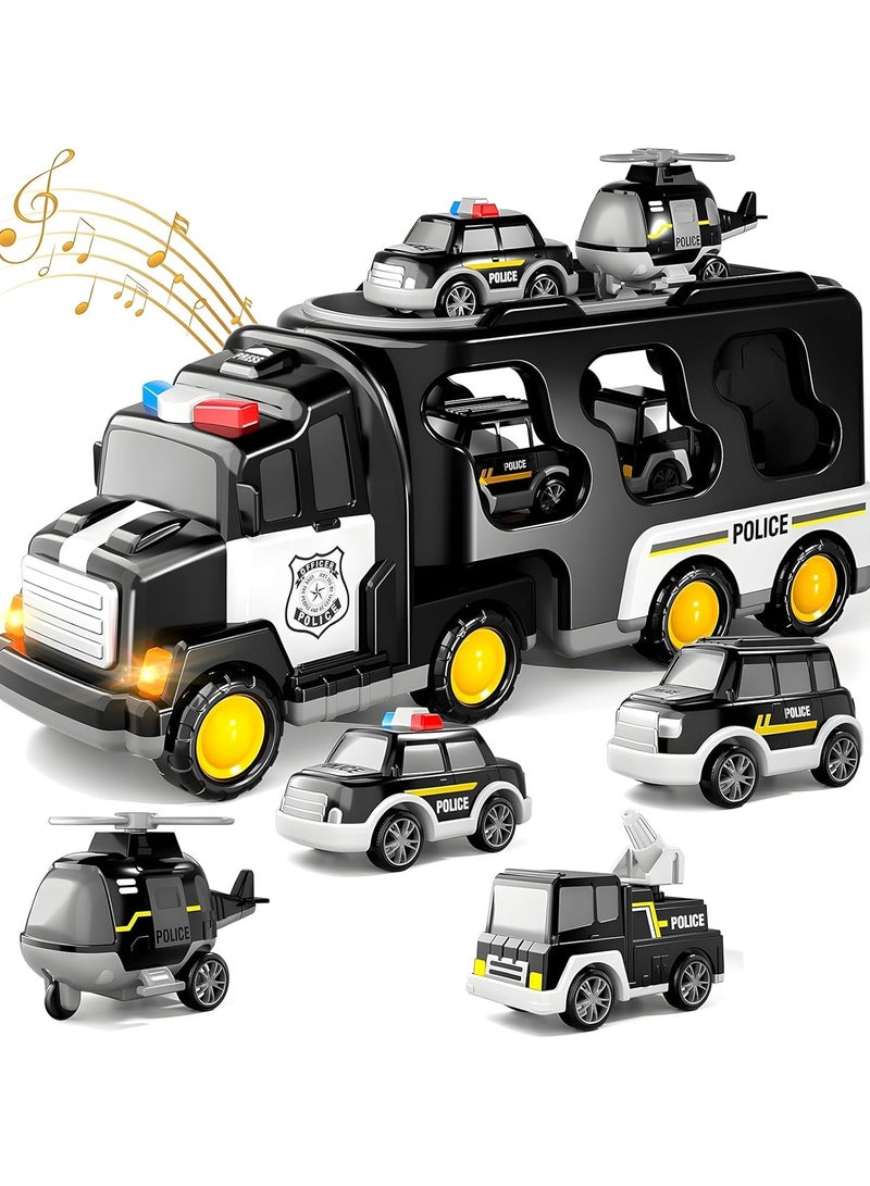 6 في 1 الشرطة النقل الشاحنة لعب مجموعة w / الضوء والصوت مع 6 الكرتون الصغيرة سحب السيارات السيارة ل2 3 4 سنة من العمر ولد,الناقل الشاحنة لعب السيارة لعبة مجموعة للفتيان والبنات - Image 1