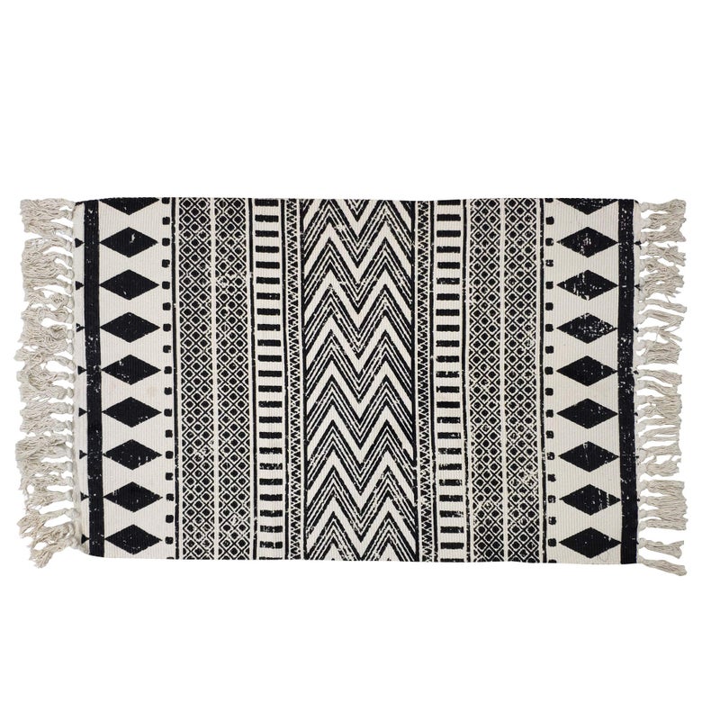 USTIDE Boho Cream  Black Cotton Rug  Washable Hand Woven Fringe Farmhouse Bath  Doormat  2x3