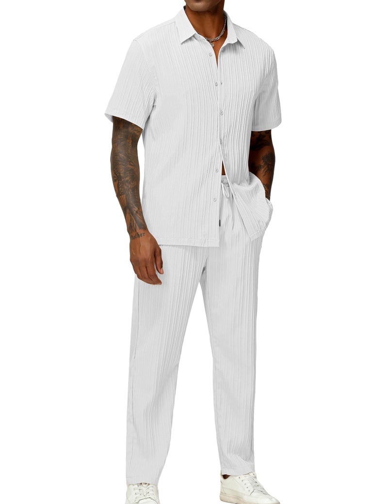 LecGee Mens Solid Matching Summer Cool 2 Piece Set Vertical Pleated Shirt And Pants Set Beach Wedding Suits - Image 1