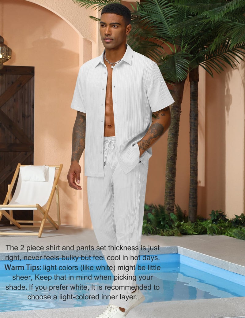 LecGee Mens Solid Matching Summer Cool 2 Piece Set Vertical Pleated Shirt And Pants Set Beach Wedding Suits - Image 5