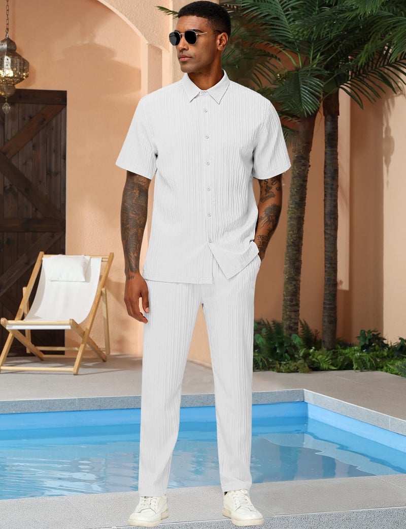 LecGee Mens Solid Matching Summer Cool 2 Piece Set Vertical Pleated Shirt And Pants Set Beach Wedding Suits - Image 4