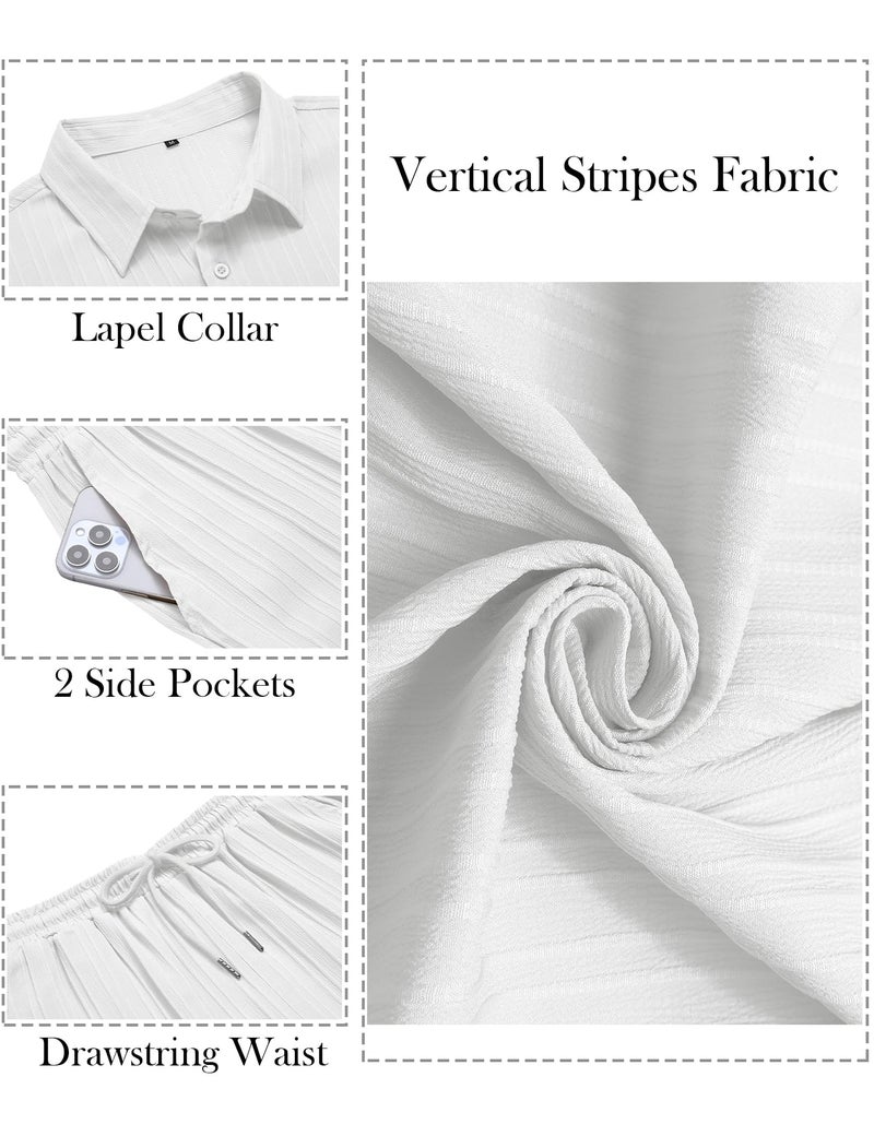 LecGee Mens Solid Matching Summer Cool 2 Piece Set Vertical Pleated Shirt And Pants Set Beach Wedding Suits - Image 3
