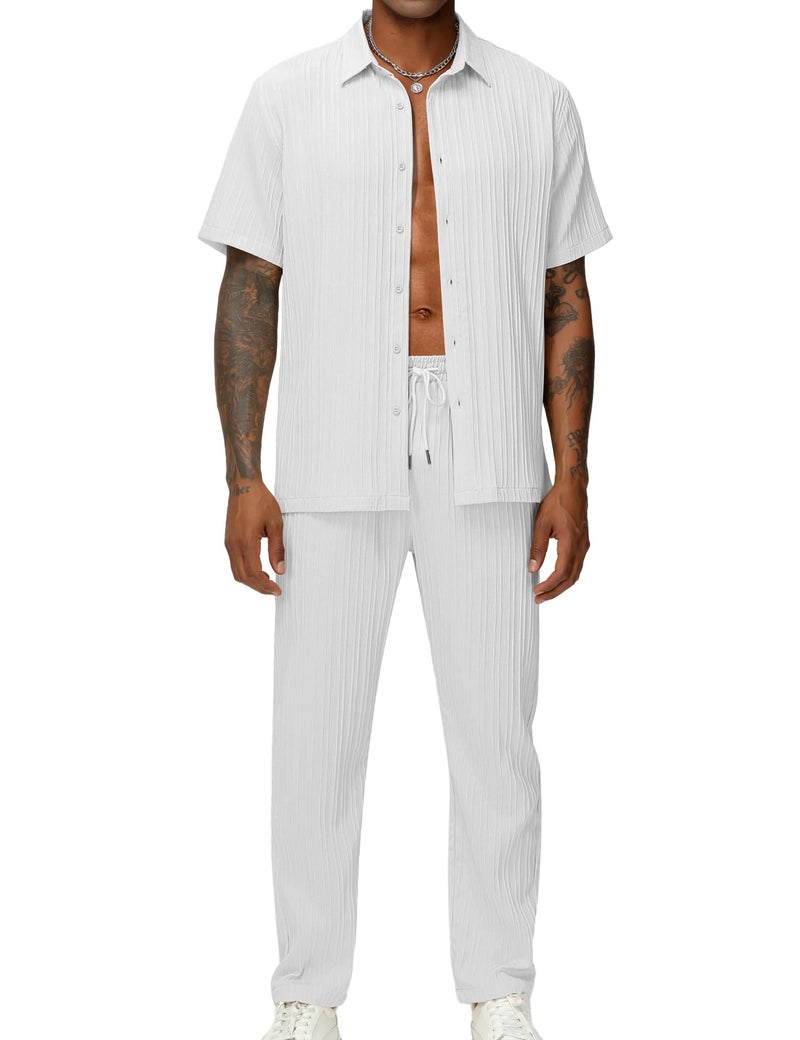 LecGee Mens Solid Matching Summer Cool 2 Piece Set Vertical Pleated Shirt And Pants Set Beach Wedding Suits - Image 2