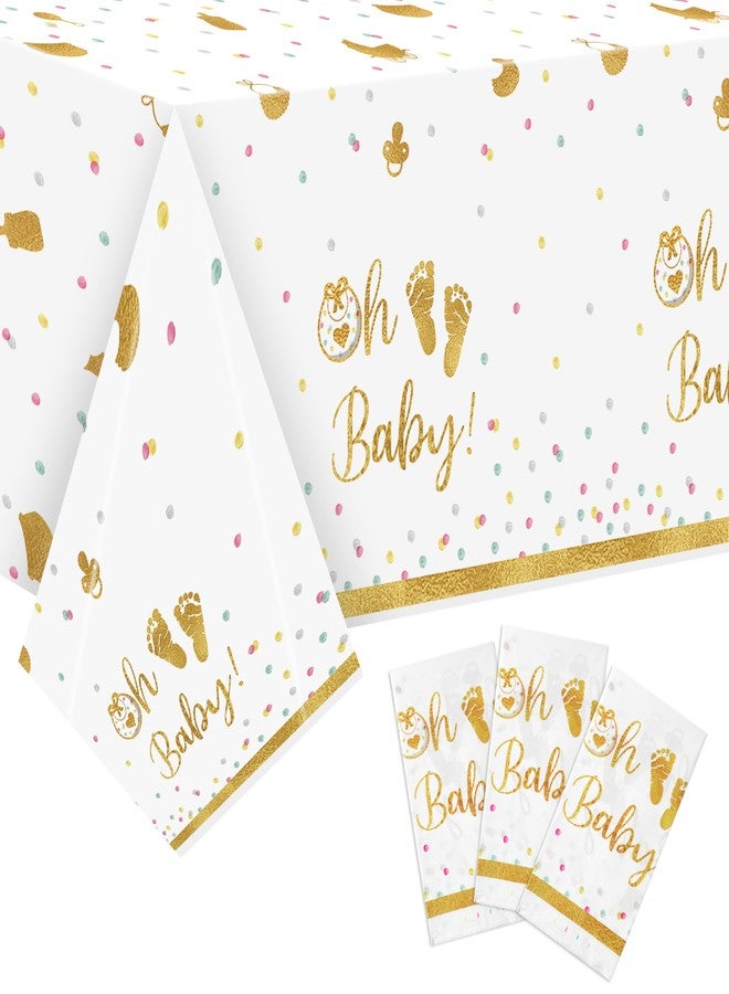 BkeeCten Baby Shower Baptism Tablecloths - 3 Packs Gold White Oh Baby First Communion Party Tablecloths Decoration Colorful Dots Disposable Plastic Waterproof Rectangle Newborn Baby Shower Table Cover - Image 1