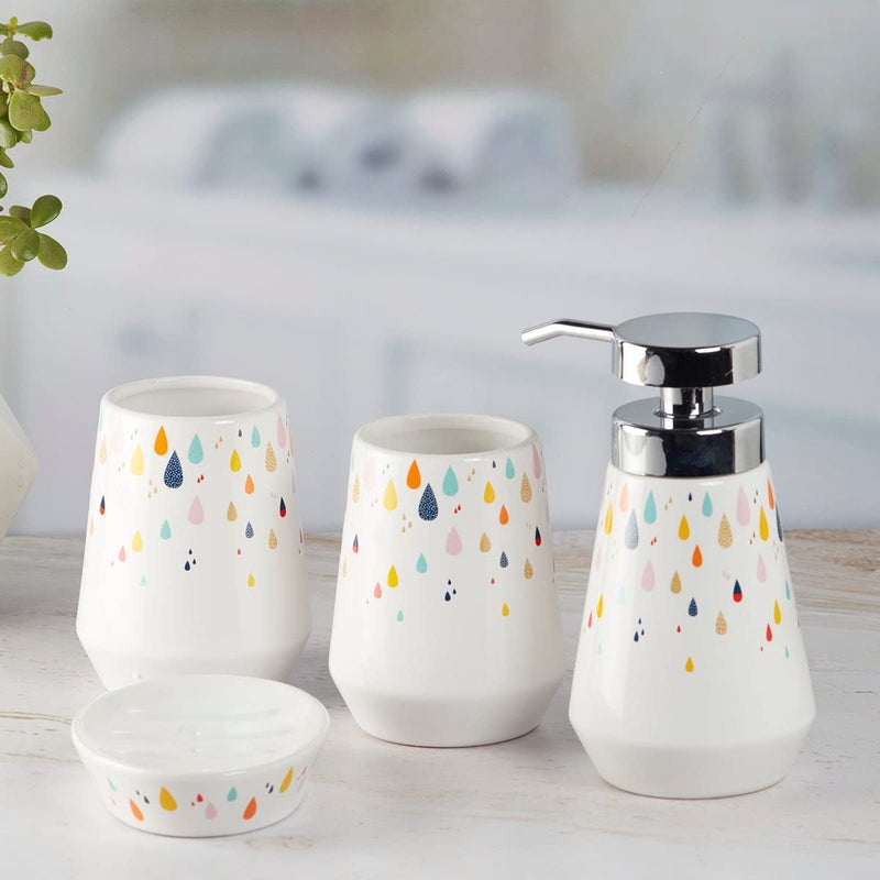 Kookee Ceramic Bathroom Accessories Set of 4, Modern Bath Set with Liquid handwash Soap Dispenser and Toothbrush Holder, Luxury Gift Accessory for Home, White/Multicolor (9871) - Image 4
